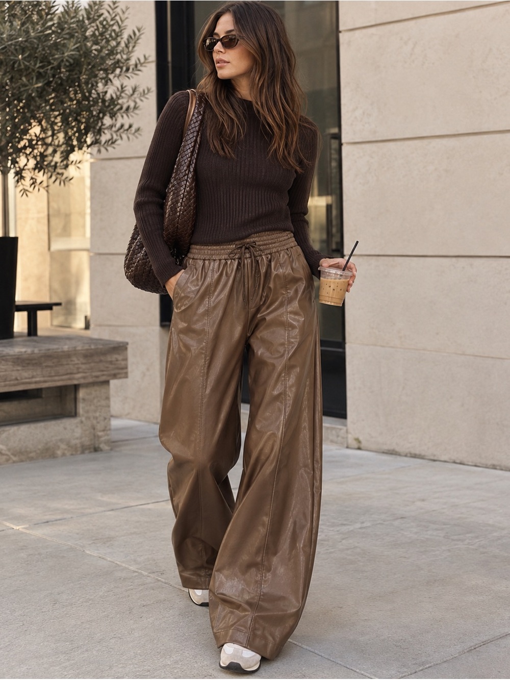 Open Edit Faux Leather Wide Leg Pants Brown XXS